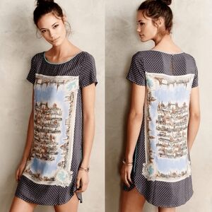 Anthropologie Maeve Around Town Silk Tee Dress Size XS Novelty Print Lightweight